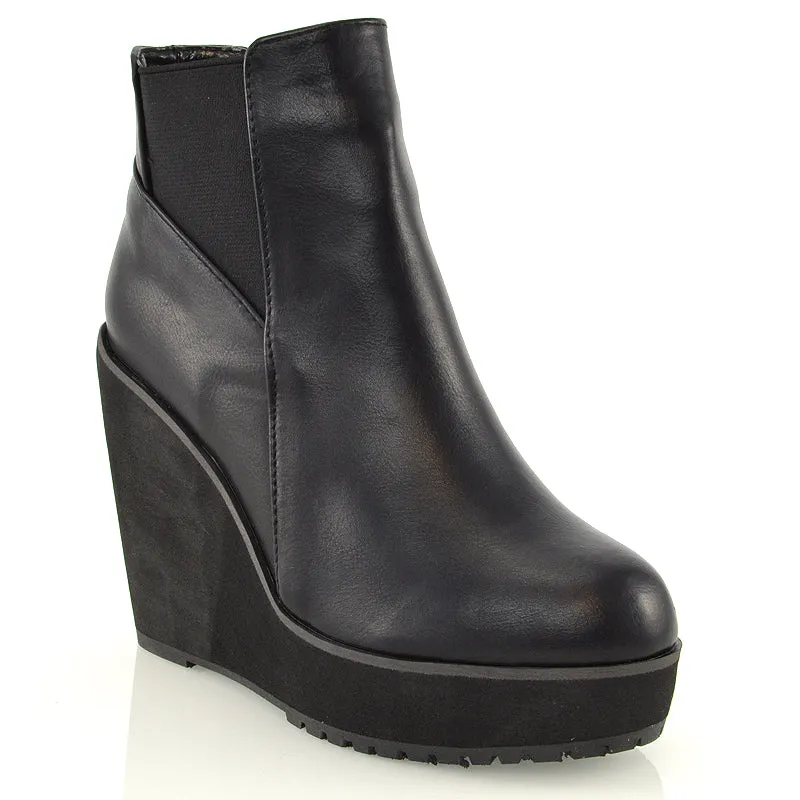 ROWEENA CHUNKY SOLE BIKER PLATFORM WEDGE HEEL ANKLE BOOTS IN BLACK SYNTHETIC LEATHER sold by XYlondon