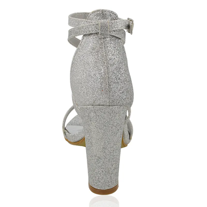 BRIELLA CROSS OVER FRONT STRAPPY BLOCK HIGH HEEL SANDALS IN SILVER GLITTER sold by XYlondon product image thumbnail 2