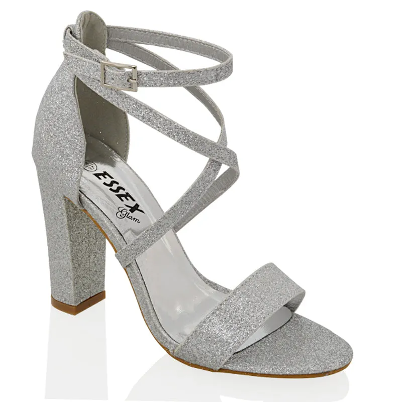 BRIELLA CROSS OVER FRONT STRAPPY BLOCK HIGH HEEL SANDALS IN SILVER GLITTER sold by XYlondon product image thumbnail 4