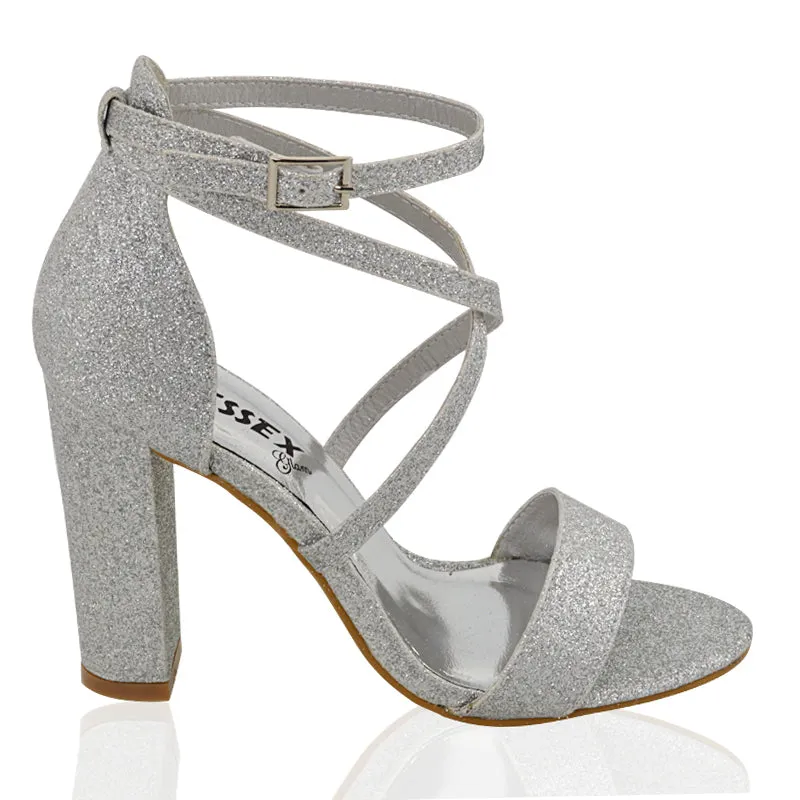 BRIELLA CROSS OVER FRONT STRAPPY BLOCK HIGH HEEL SANDALS IN SILVER GLITTER sold by XYlondon