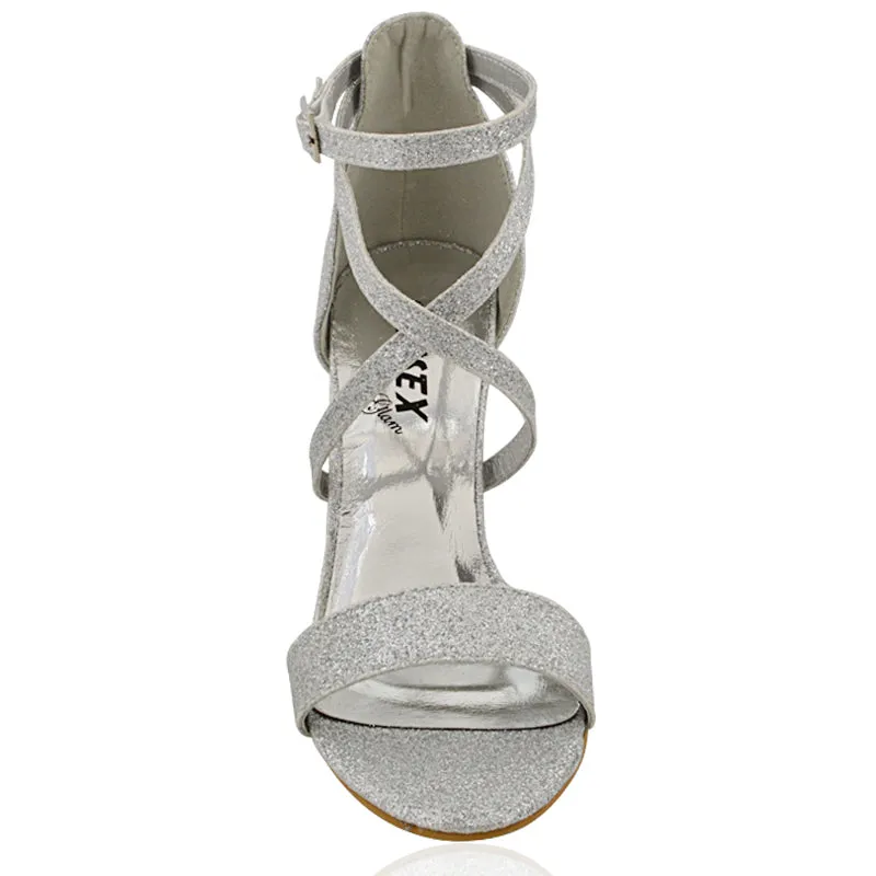 BRIELLA CROSS OVER FRONT STRAPPY BLOCK HIGH HEEL SANDALS IN SILVER GLITTER sold by XYlondon product image thumbnail 3