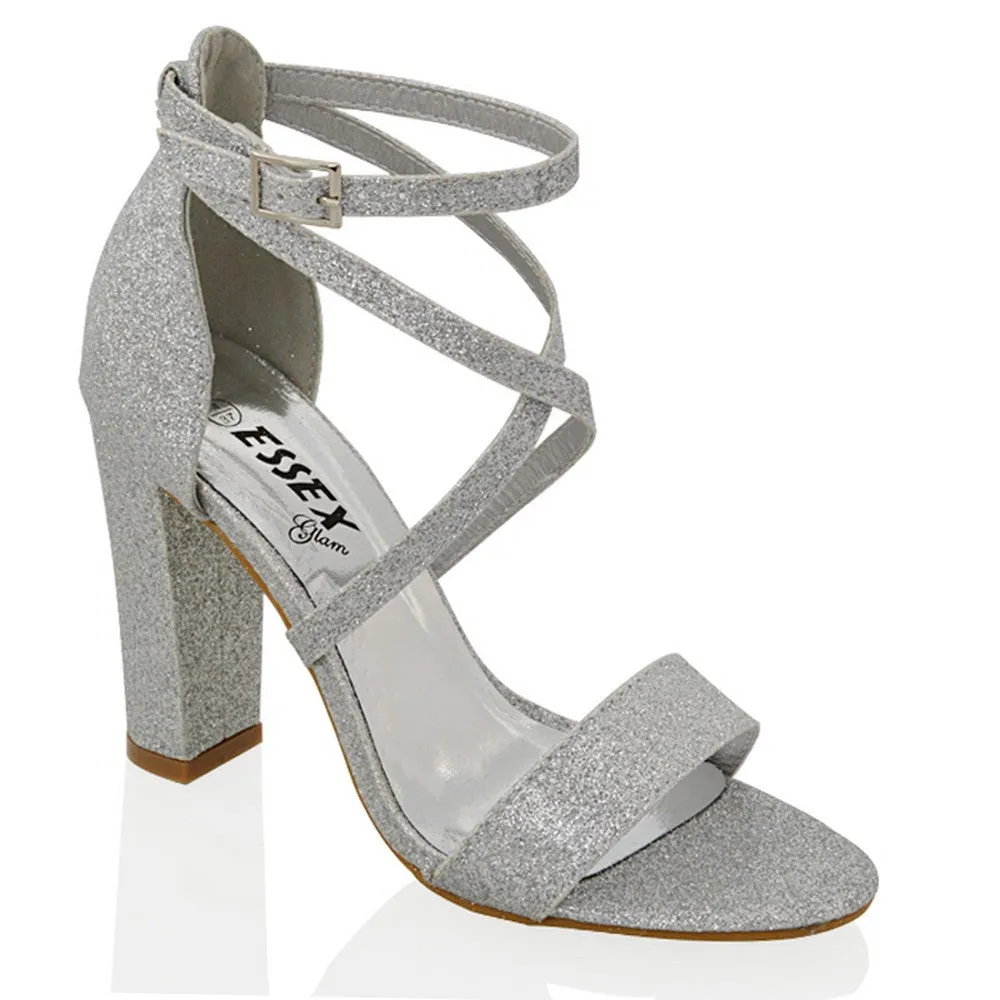 BRIELLA CROSS OVER FRONT STRAPPY BLOCK HIGH HEEL SANDALS IN SILVER GLITTER sold by XYlondon product image thumbnail 5