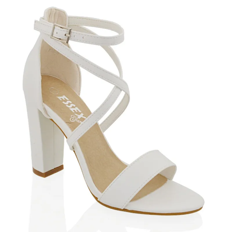 BRIELLA CROSS OVER FRONT STRAPPY BLOCK HIGH HEEL SANDALS IN WHITE SYNTHETIC LEATHER sold by XYlondon