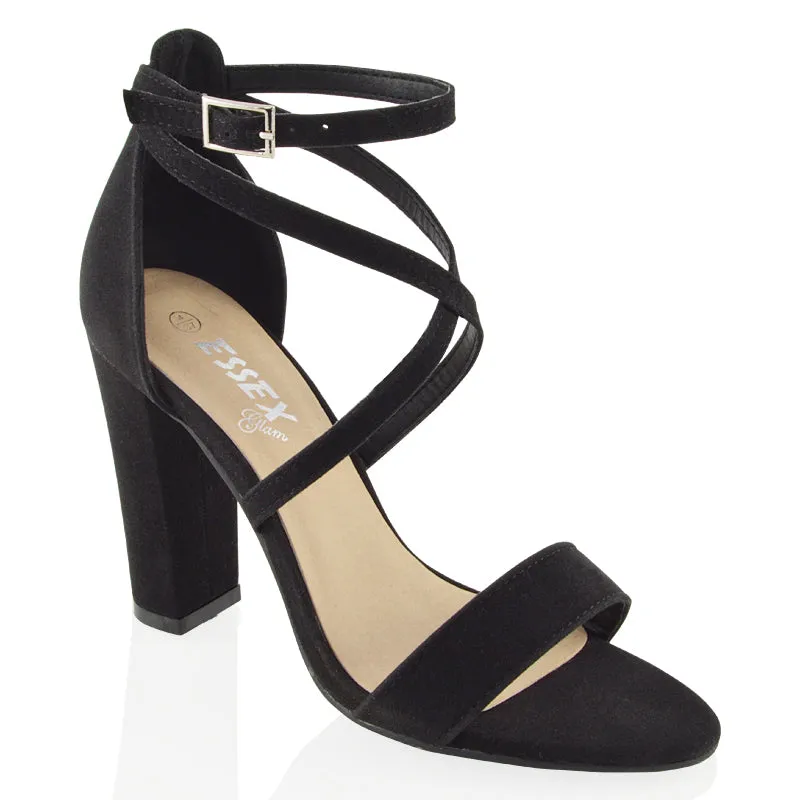Briella Womens Cross Over Buckle Strap Block High Heel Sandals IN BLACK FAUX SUEDE sold by XYlondon