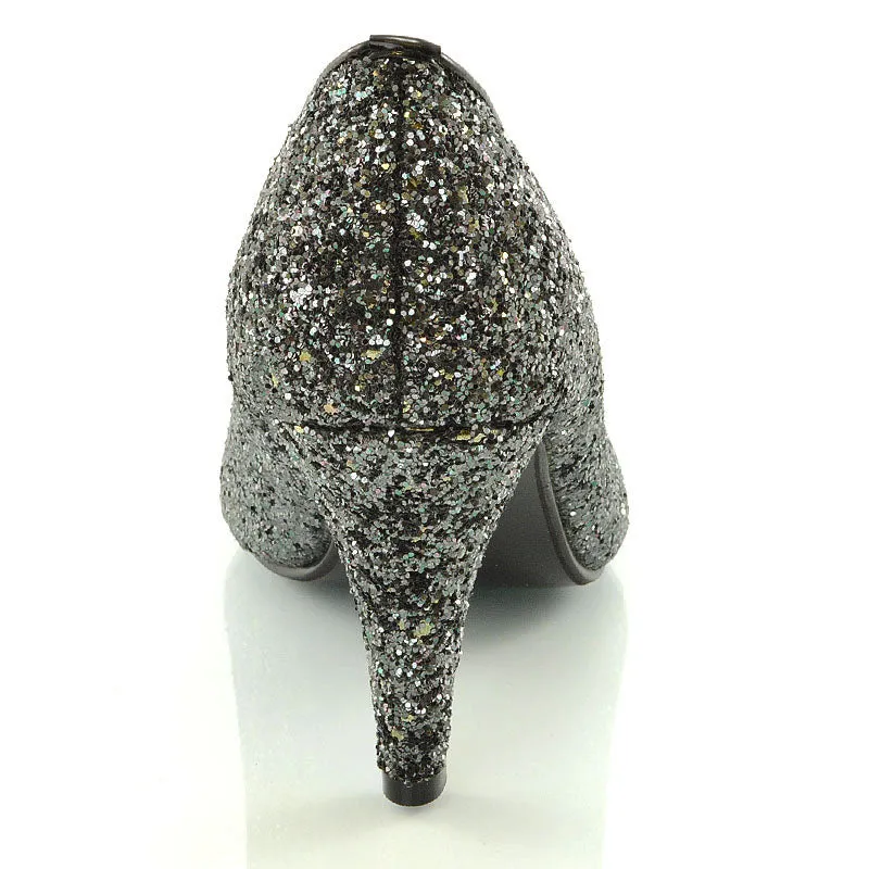 Dafney Pointed Closed Toe Mid Stiletto High Heel Slip On Court Shoes in Black Glitter sold by XYlondon product image thumbnail 3