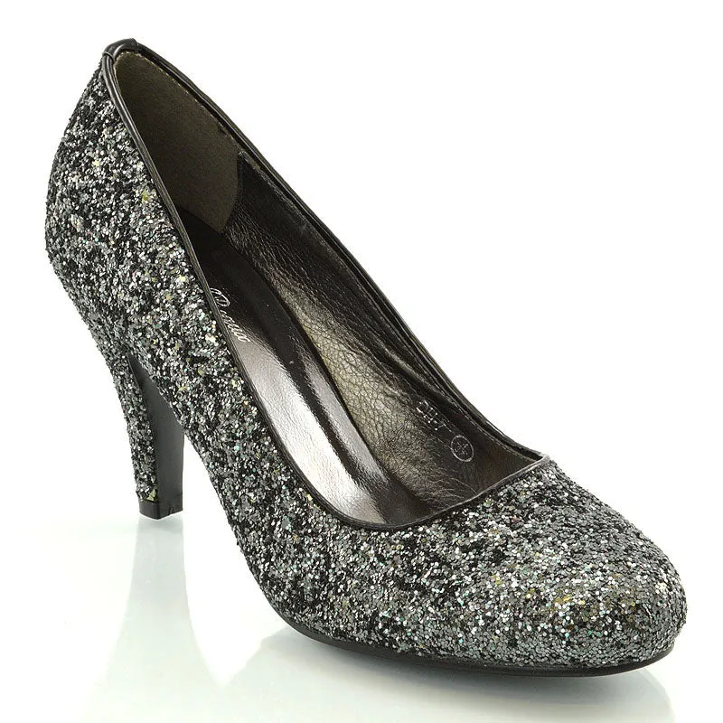 Dafney Pointed Closed Toe Mid Stiletto High Heel Slip On Court Shoes in Black Glitter sold by XYlondon