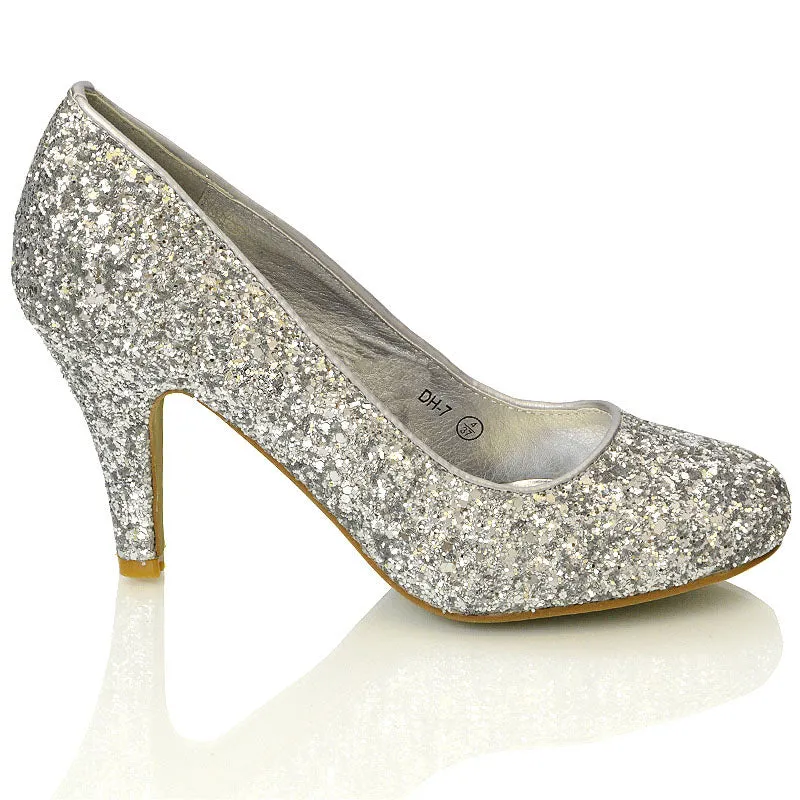 Dafney Pointed Closed Toe Mid Stiletto High Heel Slip On Court Shoes in Silver Glitter sold by XYlondon