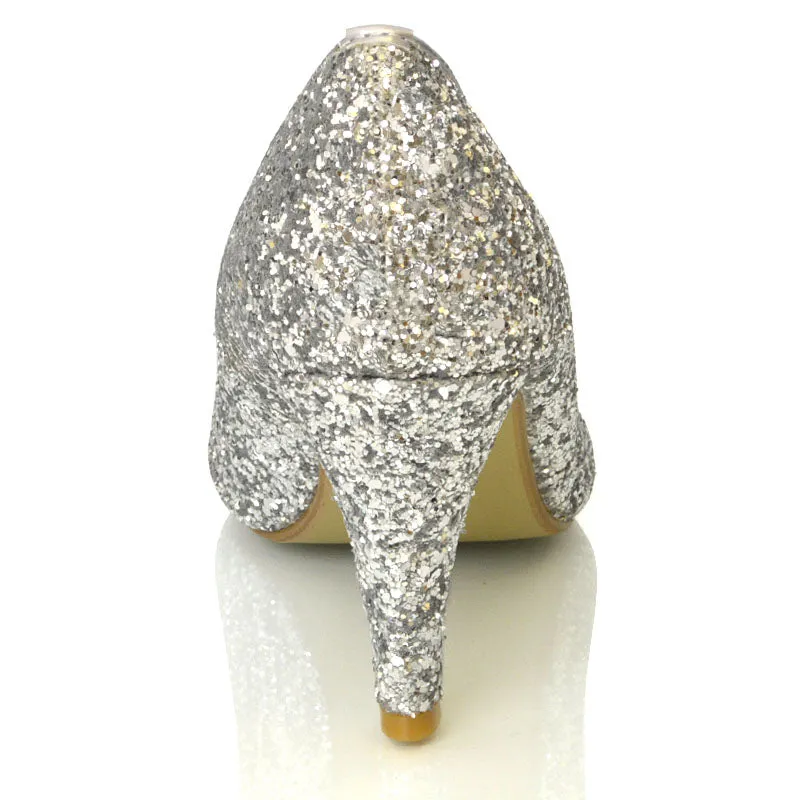 Dafney Pointed Closed Toe Mid Stiletto High Heel Slip On Court Shoes in Silver Glitter sold by XYlondon product image thumbnail 2