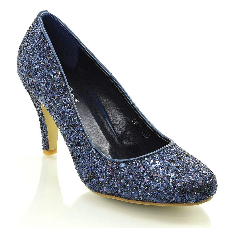Dafney Pointed Closed Toe mid Stiletto High Heel Slip on Court Shoes in Navy Glitter sold by XYlondon