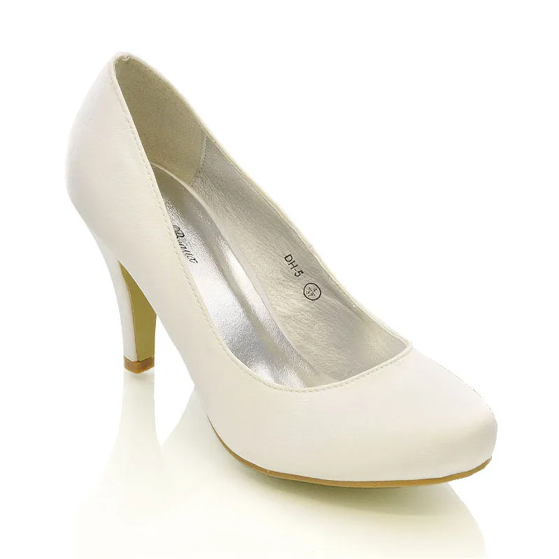 ELISABETH MID STILETTO HIGH WEDDING HEELS SLIP ON BRIDAL COURT SHOES IN WHITE SATIN made by XYlondon