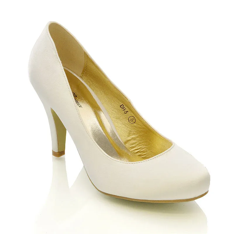 ELISABETH MID STILETTO HIGH WEDDING HEELS SLIP ON BRIDAL COURT SHOES IN IVORY SATIN sold by XYlondon