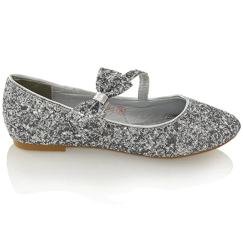 COLETTE FLAT LOW HEEL STRAPPY WITH BOW DETAILING BALLERINA PUMP SHOES IN SILVER GLITTER sold by XYlondon