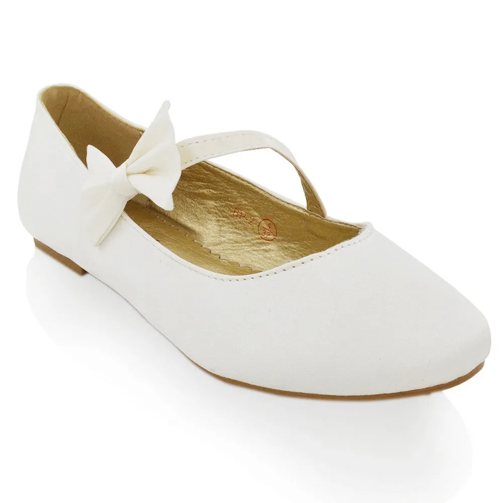 COLETTE FLAT LOW HEEL STRAPPY WITH BOW DETAILING BALLERINA PUMP SHOES IN IVORY SATIN sold by XYlondon product image thumbnail 4