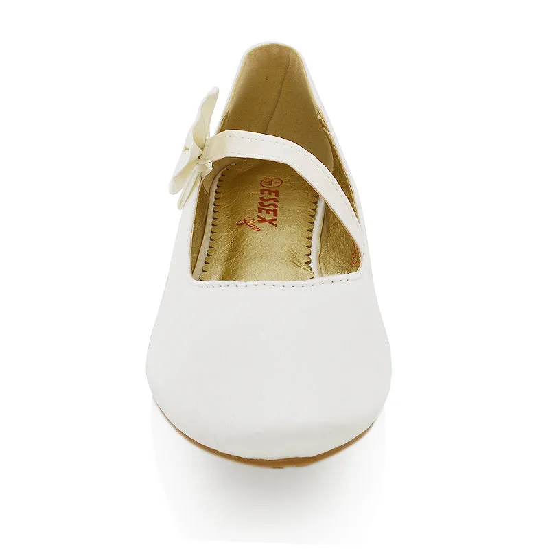 COLETTE FLAT LOW HEEL STRAPPY WITH BOW DETAILING BALLERINA PUMP SHOES IN IVORY SATIN sold by XYlondon product image thumbnail 3