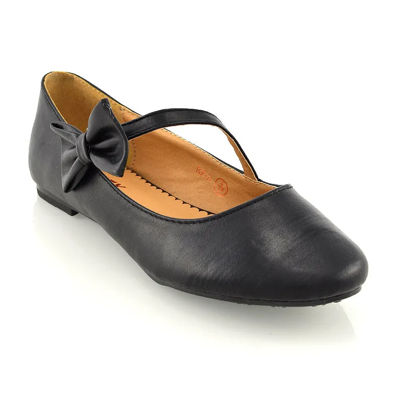 COLETTE FLAT LOW HEEL STRAPPY WITH BOW DETAILING BALLERINA PUMP SHOES IN BLACK PU sold by XYlondon