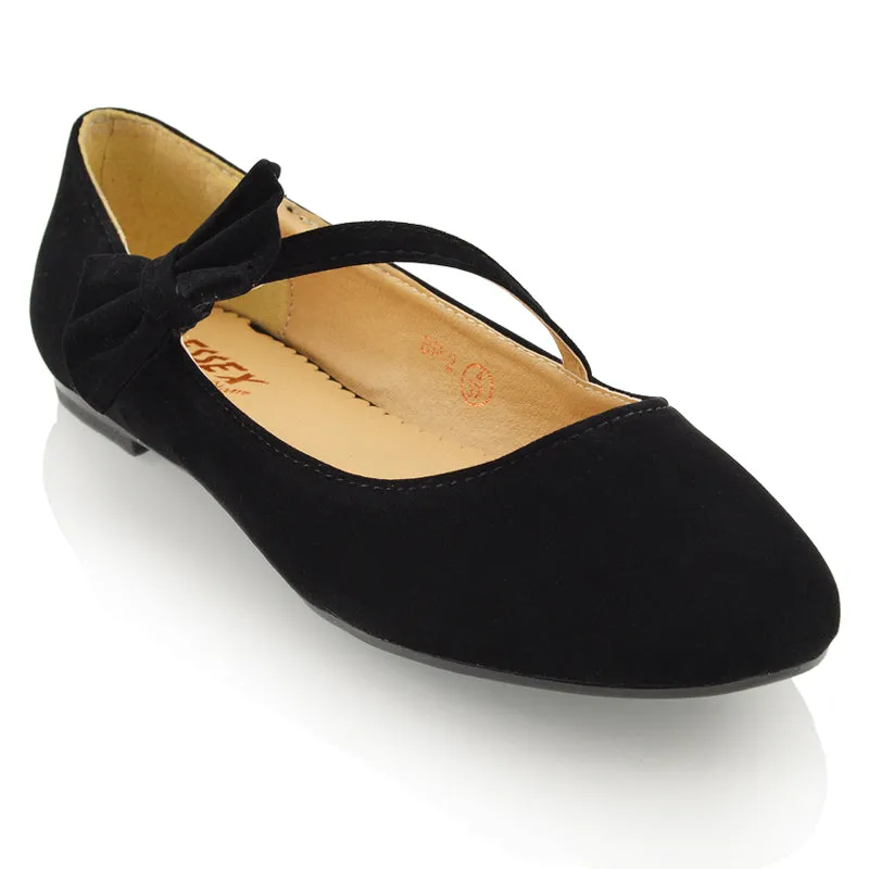COLETTE FLAT LOW HEEL STRAPPY WITH BOW DETAILING BALLERINA PUMP SHOES IN BLACK FAUX SUEDE sold by XYlondon