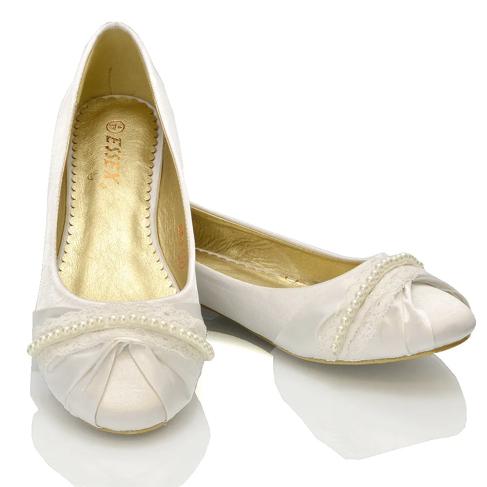 PEARLY BRIDAL FLAT LOW HEEL LACE SPARKLY DIAMANTE WEDDING BALLERINA PUMPS IN WHITE SATIN sold by XYlondon product image thumbnail 2
