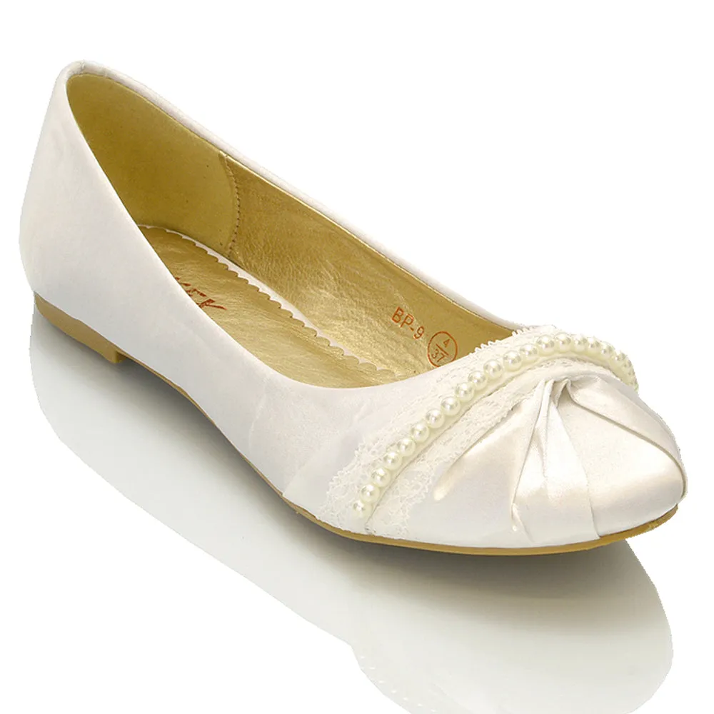 PEARLY BRIDAL FLAT LOW HEEL LACE SPARKLY DIAMANTE WEDDING BALLERINA PUMPS IN WHITE SATIN sold by XYlondon