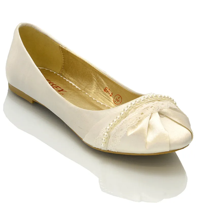 PEARLY BRIDAL FLAT LOW HEEL LACE SPARKLY DIAMANTE WEDDING BALLERINA PUMPS IN IVORY SATIN sold by XYlondon