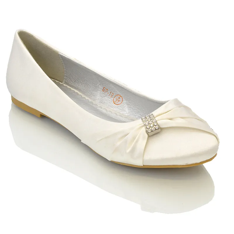 GABRIELA FLAT RUCHED DIAMANTE SPARKLY BROOCH CLASSIC WEDDING BRIDAL BALLERINA PUMPS IN WHITE SATIN sold by XYlondon