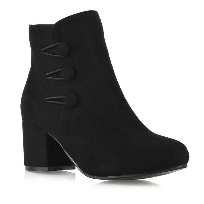Christine Button Detail Block High Heel Zip Up Ankle Boots in Black faux Suede sold by XYlondon