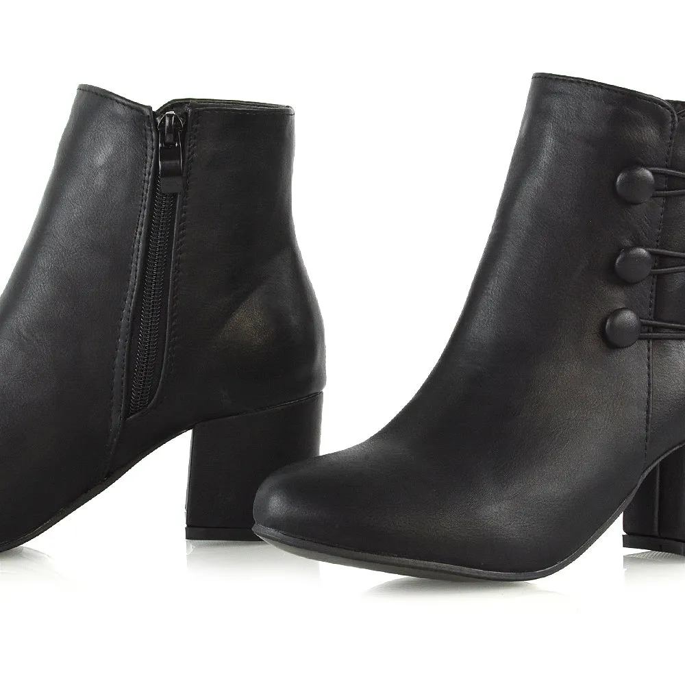Christine Button Detail Block High Heel Zip Up Ankle Boots in Black Synthetic Leather sold by XYlondon product image thumbnail 5