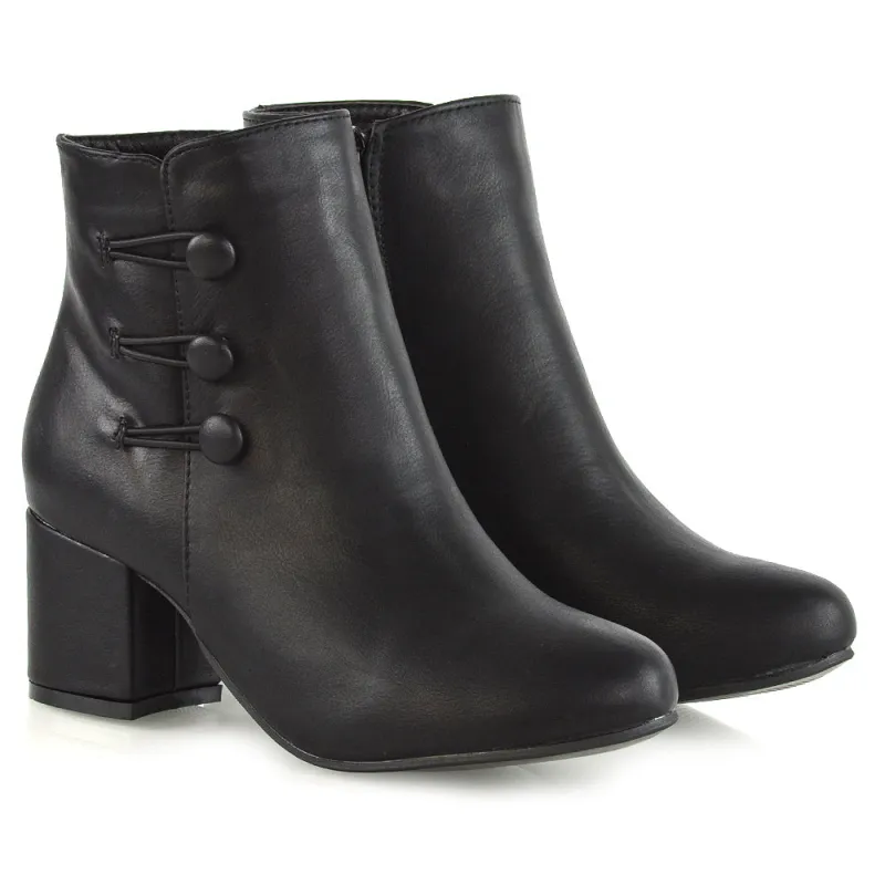 Christine Button Detail Block High Heel Zip Up Ankle Boots in Black Synthetic Leather sold by XYlondon