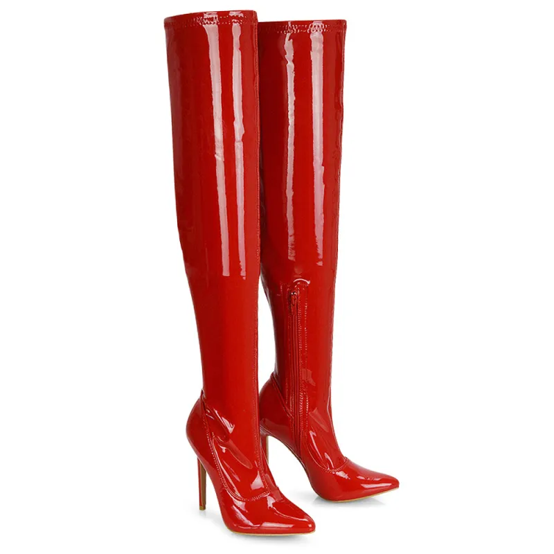 PIPER OVER THE KNEE ZIP UP THIGH HIGH STILETTO HEELED BOOTS IN RED PATENT made by XYlondon