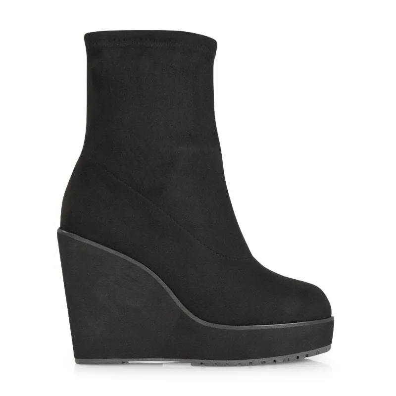 Lena Chunky Platform Wedge Ankle Sock Boot Heels in Black Faux Suede made by XYlondon