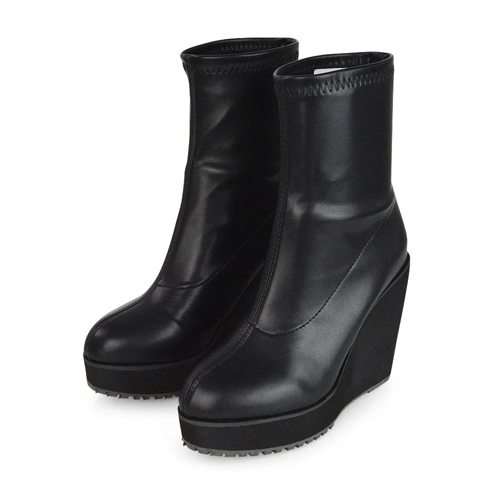 Lena Chunky Platform Wedge Ankle Sock Boot Heels in Black Synthetic Leather sold by XYlondon product image thumbnail 5