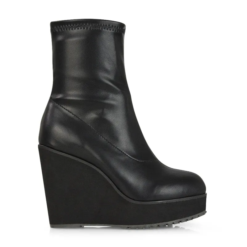Lena Chunky Platform Wedge Ankle Sock Boot Heels in Black Synthetic Leather sold by XYlondon