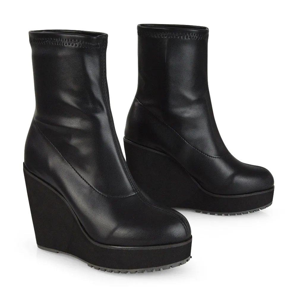 Lena Chunky Platform Wedge Ankle Sock Boot Heels in Black Synthetic Leather sold by XYlondon product image thumbnail 4