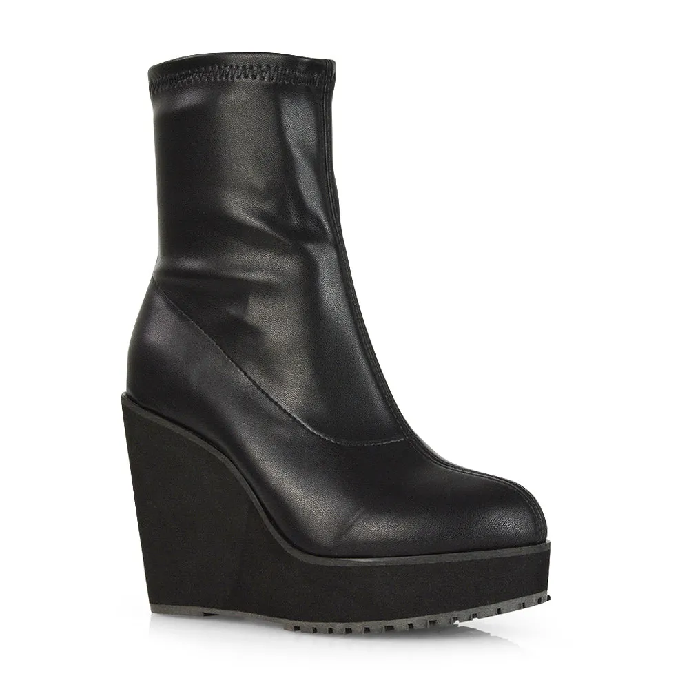 Lena Chunky Platform Wedge Ankle Sock Boot Heels in Black Synthetic Leather sold by XYlondon product image thumbnail 2