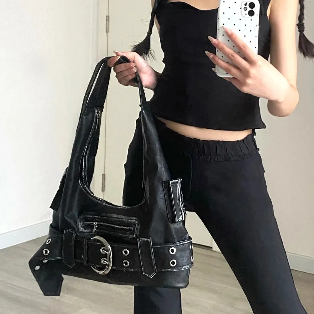 Sammi Belt Buckle Detail Shoulder Zip Up Faux Leather Bag In Black sold by XYlondon product image thumbnail 3