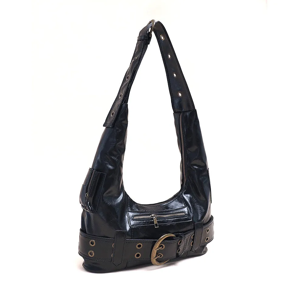 Sammi Belt Buckle Detail Shoulder Zip Up Faux Leather Bag In Black sold by XYlondon product image thumbnail 2