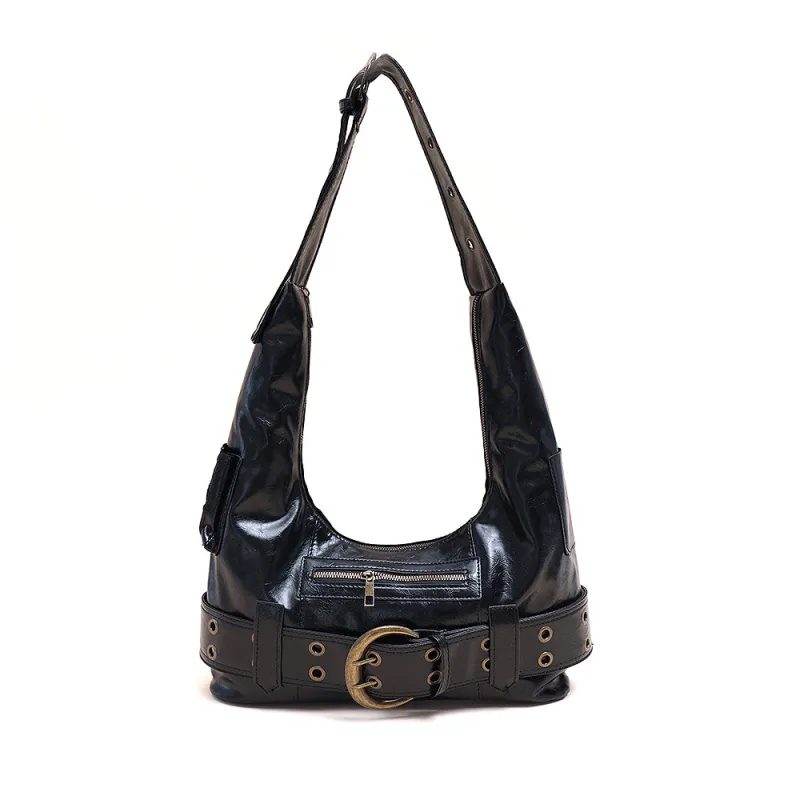 Sammi Belt Buckle Detail Shoulder Zip Up Faux Leather Bag In Black sold by XYlondon