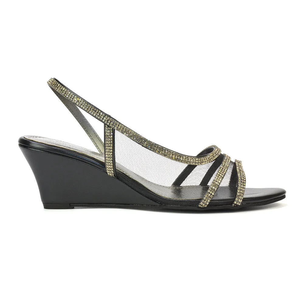 Indy Strappy Diamante Sandal Wedge Heels with Mesh in Black sold by XYlondon