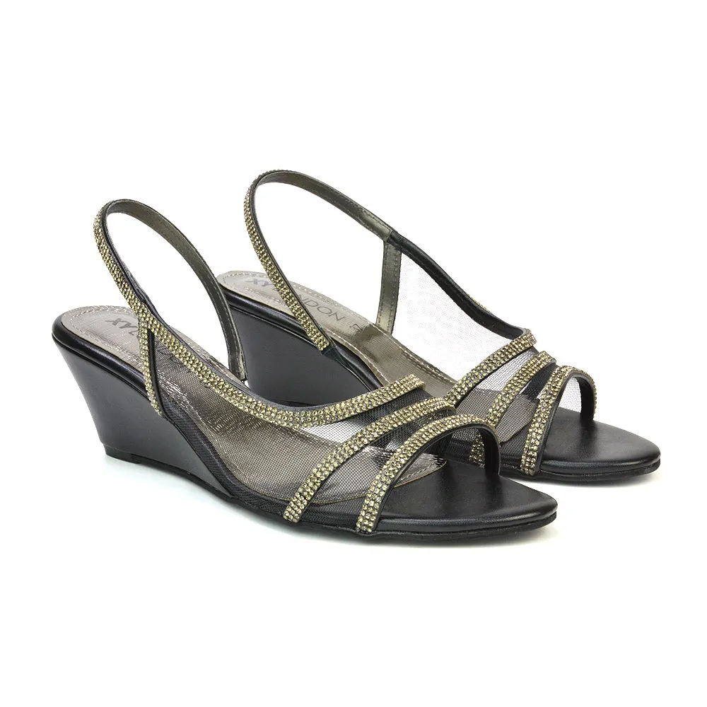 Indy Strappy Diamante Sandal Wedge Heels with Mesh in Black sold by XYlondon product image thumbnail 4