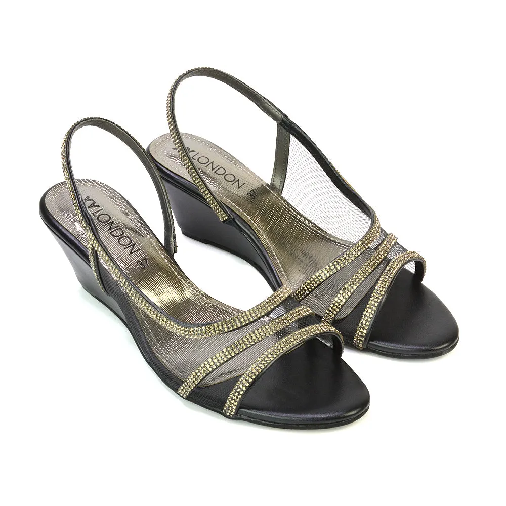 Indy Strappy Diamante Sandal Wedge Heels with Mesh in Black sold by XYlondon product image thumbnail 5