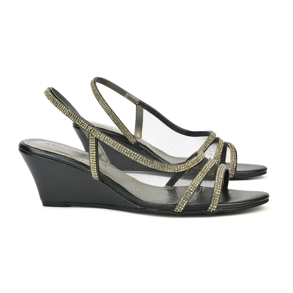 Indy Strappy Diamante Sandal Wedge Heels with Mesh in Black sold by XYlondon product image thumbnail 2