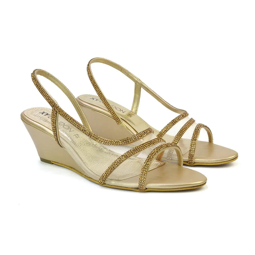 Indy Strappy Diamante Sandal Wedge Heels with Mesh in Gold sold by XYlondon product image thumbnail 4