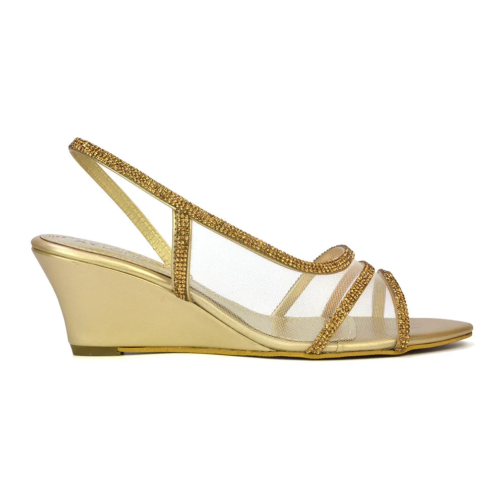 Indy Strappy Diamante Sandal Wedge Heels with Mesh in Gold sold by XYlondon