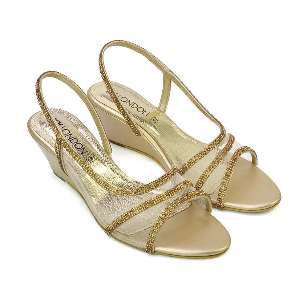 Indy Strappy Diamante Sandal Wedge Heels with Mesh in Gold sold by XYlondon product image thumbnail 5