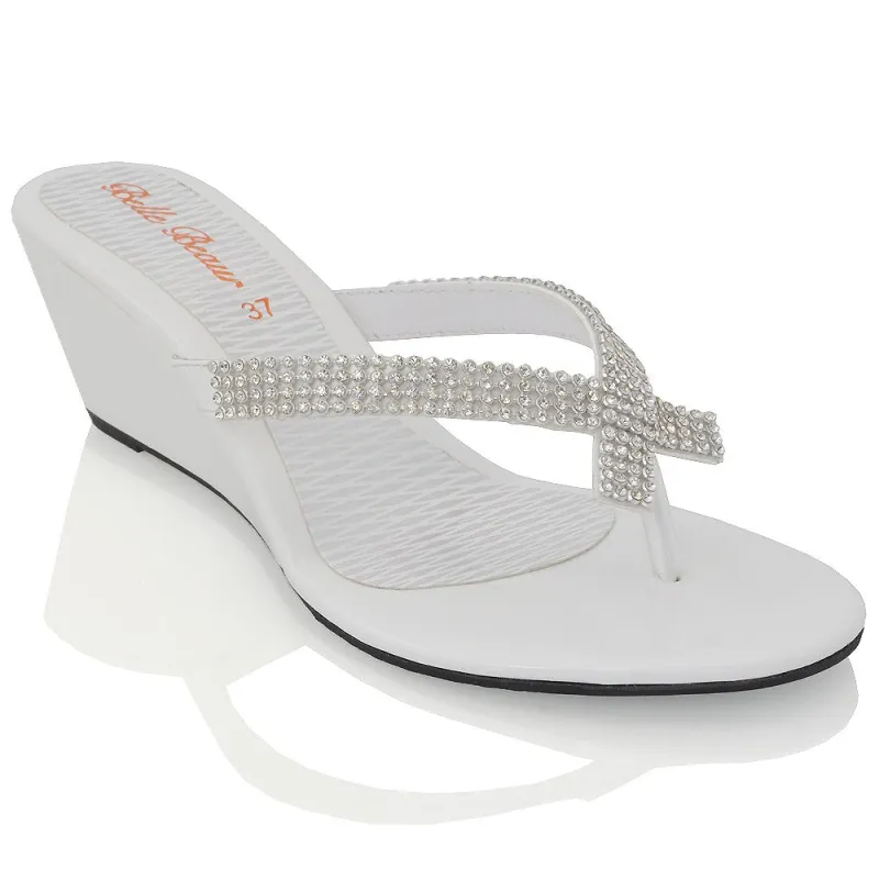 JULIETTA TOE POST SPARKLY DIAMANTE CROSS OVER STRAP SLIP ON WEDGE HEEL SANDALS IN WHITE sold by XYlondon