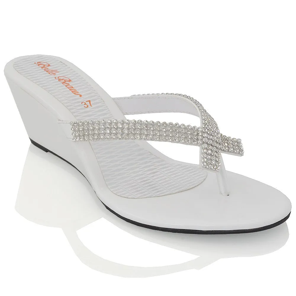 JULIETTA TOE POST SPARKLY DIAMANTE CROSS OVER STRAP SLIP ON WEDGE HEEL SANDALS IN WHITE sold by XYlondon