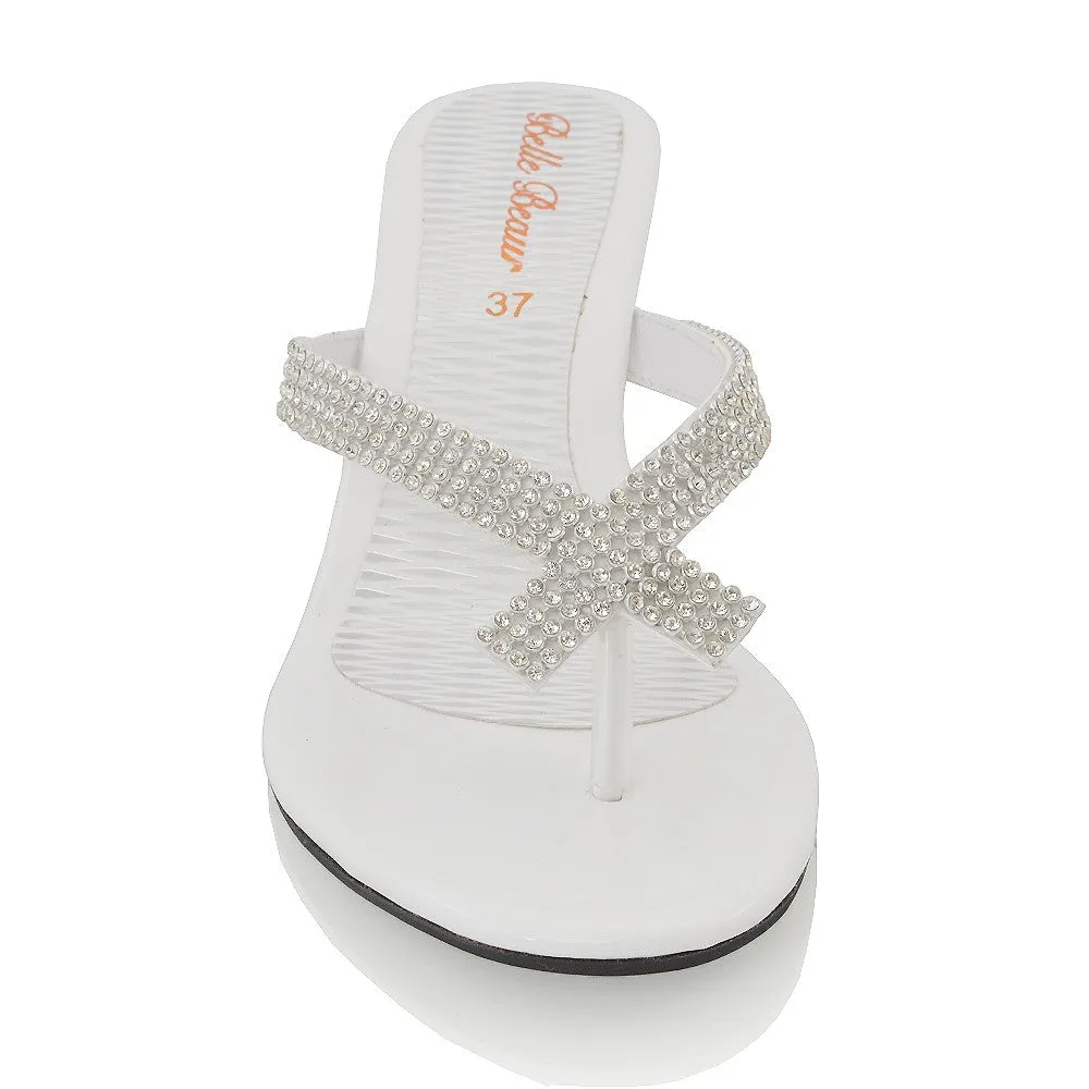 JULIETTA TOE POST SPARKLY DIAMANTE CROSS OVER STRAP SLIP ON WEDGE HEEL SANDALS IN WHITE sold by XYlondon product image thumbnail 4