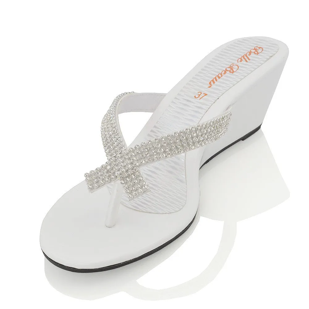 JULIETTA TOE POST SPARKLY DIAMANTE CROSS OVER STRAP SLIP ON WEDGE HEEL SANDALS IN WHITE sold by XYlondon product image thumbnail 3