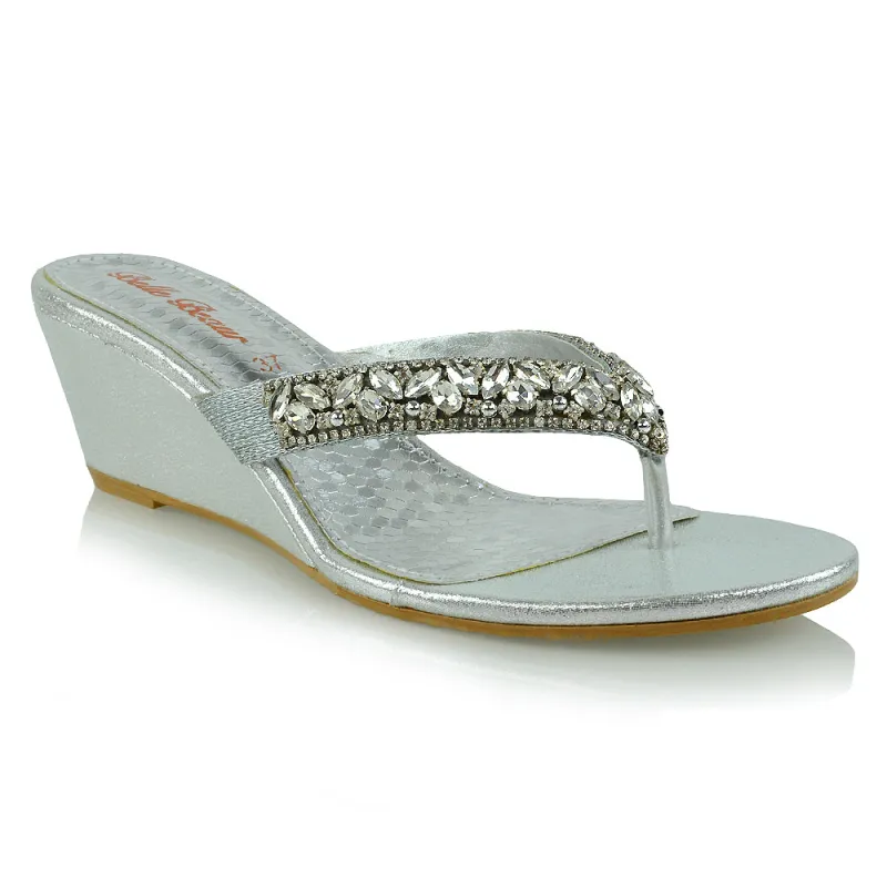 Delilah Toe Post Diamante Strappy Wedge Heel Sandal Mules In Silver sold by XYlondon