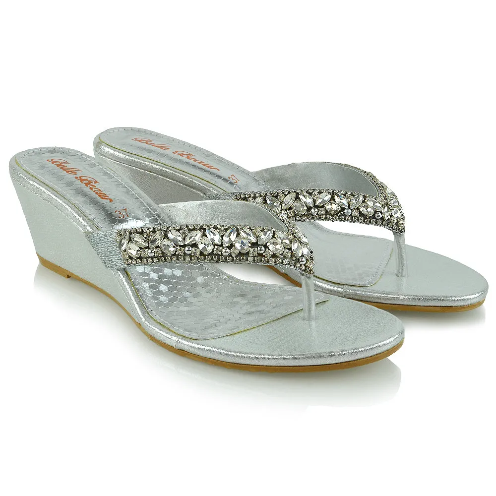 Delilah Toe Post Diamante Strappy Wedge Heel Sandal Mules In Silver sold by XYlondon product image thumbnail 3