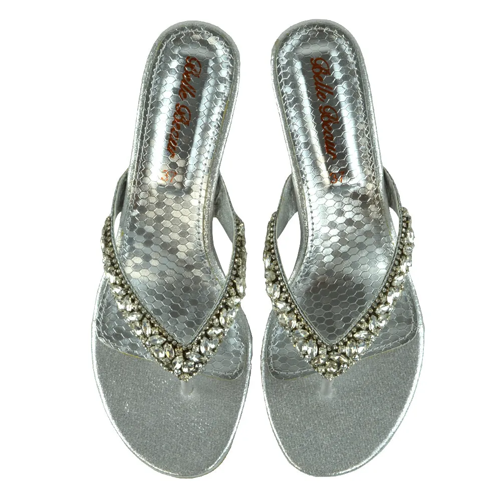 Delilah Toe Post Diamante Strappy Wedge Heel Sandal Mules In Silver sold by XYlondon product image thumbnail 4